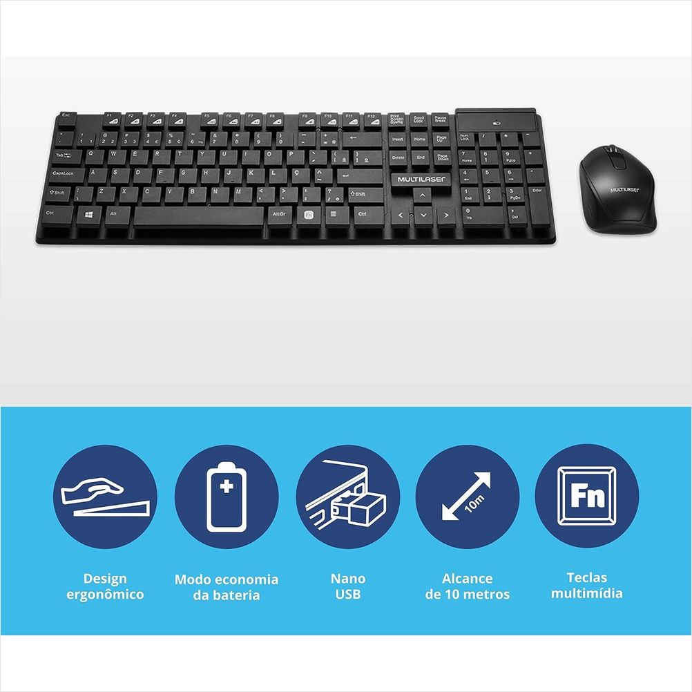 KIT TECLADO E MOUSE SEM FIO MULTILASER TECLAS FLUTUANTES PRETO TC251